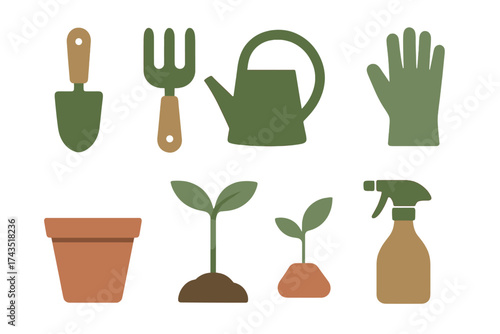 Set of essential gardening equipment and planting elements like sprouts, shovel, and watering can