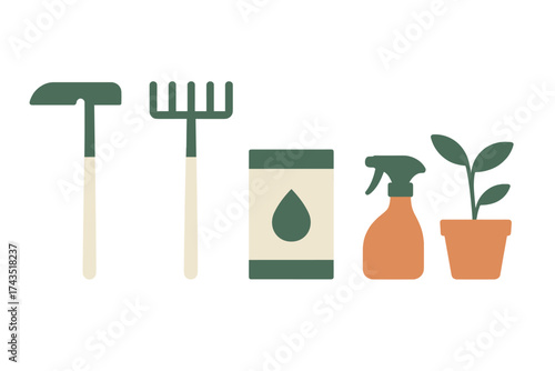 Set of essential gardening tools and supplies including rake, hoe, fertilizer, and potted plant