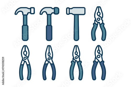 Set of construction and repair hand tools icons featuring hammers and pliers