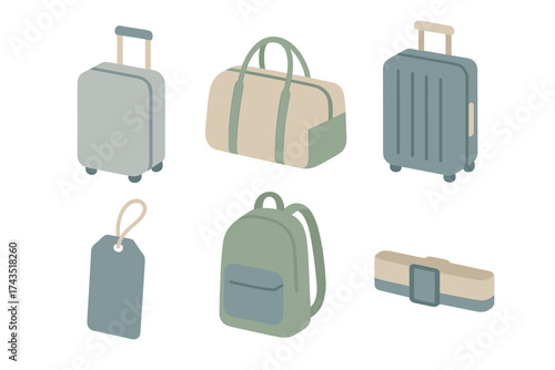 Isometric set of essential travel baggage items including rolling suitcases and backpack