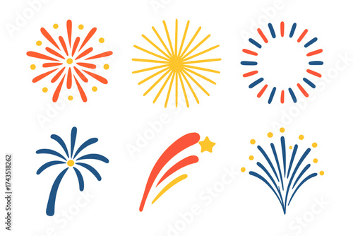Set of six colorful stylized fireworks bursts and celebratory explosions for festive events
