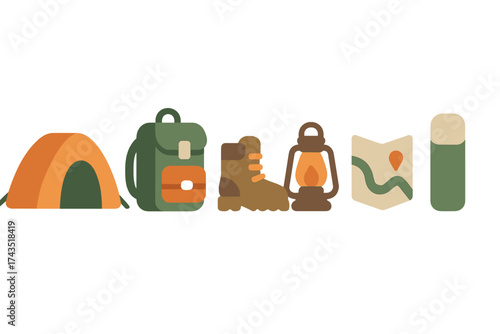 Essential outdoor adventure equipment set featuring a camping tent, hiking boot, backpack, lantern, map, and sleeping bag