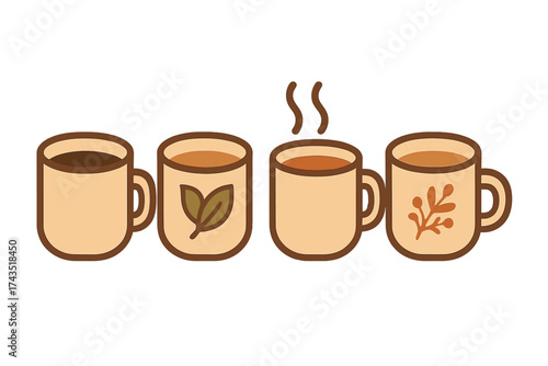 Row of four ceramic mugs filled with various hot beverages coffee and tea on a white background