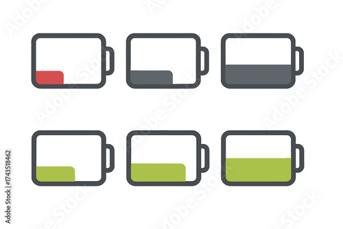 Set of battery icons showing various charge levels from critical low to fully charged status