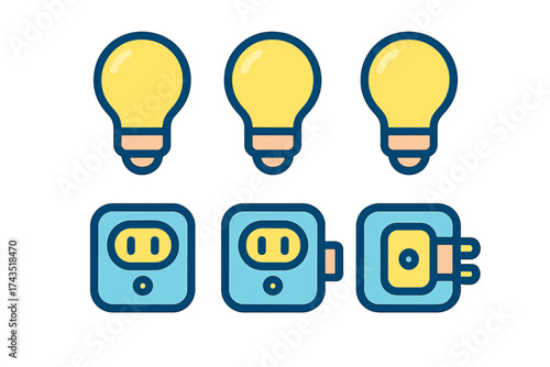 Six colorful electric power symbols including light bulbs and sockets