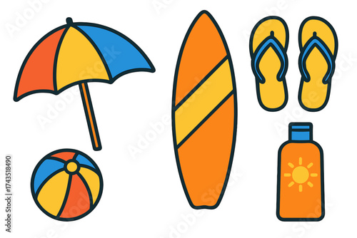 Colorful summer beach vacation essentials collection including umbrella, surfboard, and sunscreen