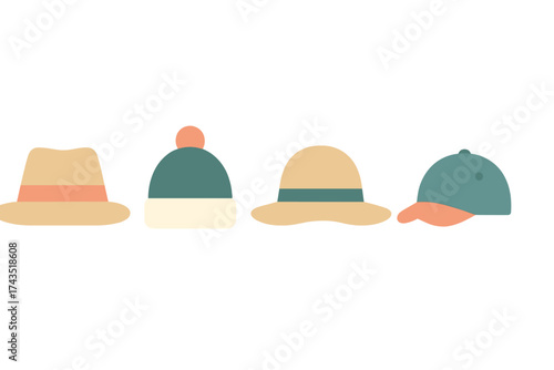 Four different types of seasonal headwear including summer hats, winter beanie, and baseball cap