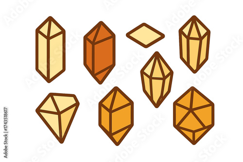 Assortment of stylized geometric mineral crystals and faceted precious gems