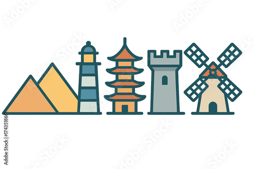 International travel destination symbols set featuring pyramids lighthouse pagoda and castle