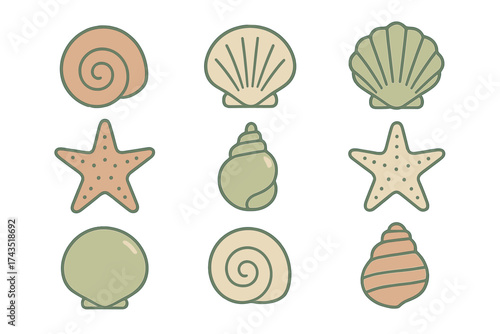 Collection of various stylized sea shells and starfish icons in pastel colors