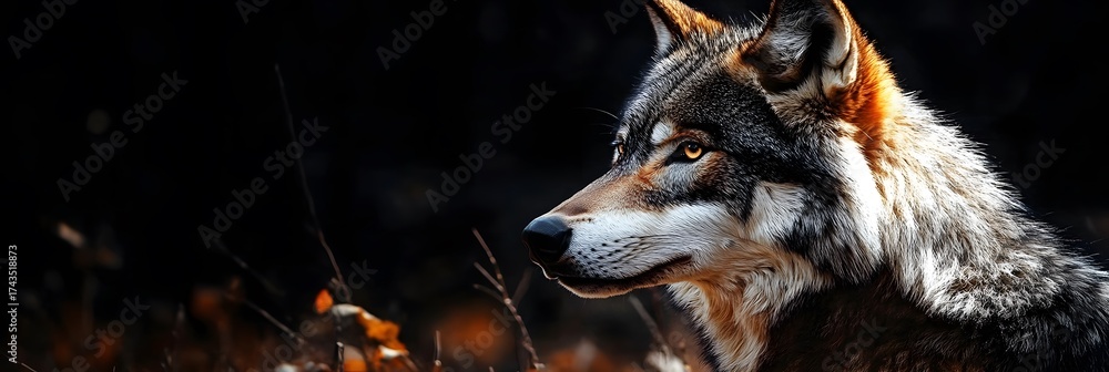 Obraz premium A gray wolf stands in a dark forest, showcasing its thick fur and piercing eyes.