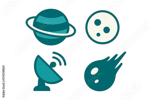 Set of space and astronomy symbols featuring planet, moon, satellite, and comet