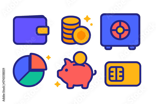 Essential financial and banking symbols including wallet, safe, coins, piggy bank, and pie chart