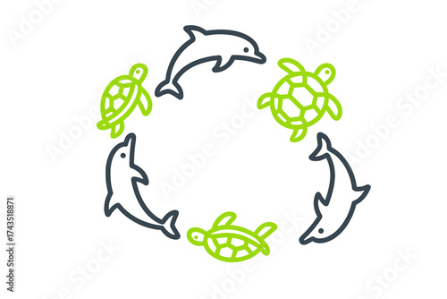 Outline icons of sea turtles and dolphins arranged in a circle symbolizing marine conservation