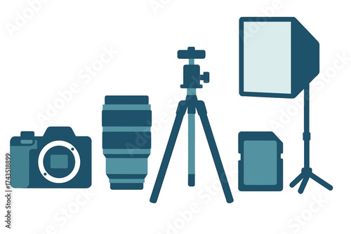 Professional photography equipment collection including camera, lens, tripod, softbox, and memory card