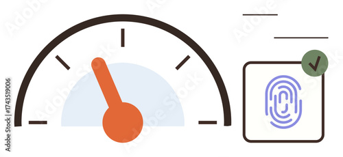 Speedometer with orange needle and fingerprint scanner with green checkmark. Ideal for security, biometrics, authentication, speed, efficiency, performance, technology. Simple flat metaphor