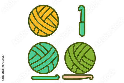 Colorful collection of yarn balls and crochet hooks for knitting and crafting hobbies