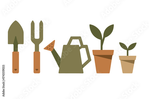 Essential gardening tools and potted seedlings ready for planting and growth