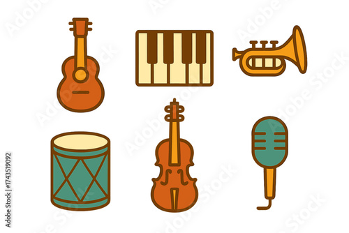 Stylized set of musical instruments and audio equipment icons for music and sound design