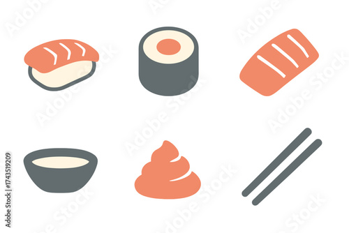 Minimalist flat design collection of Japanese sushi ingredients and dining elements