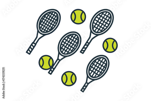 Dynamic seamless pattern of scattered tennis rackets and bright yellow balls on a white background