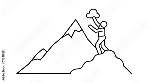 Minimalist line art mountain climber reaching summit