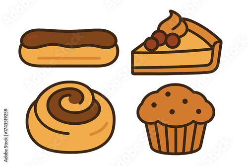 Assortment of popular sweet bakery items and desserts on white background