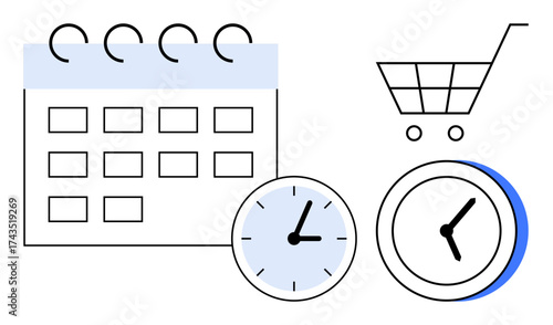 Calendar with grid design, wall clocks, and shopping cart emphasizing scheduling, deadlines, and online shopping. Ideal for productivity, time tracking, e-commerce, deadlines workflow planning