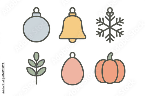 Minimalist set of autumn and winter holiday symbols including pumpkin, bell, and snowflake icons