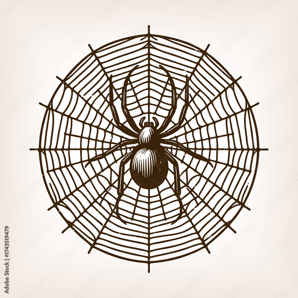 Obraz premium spider sitting in the center of its web, ideal for nature, Halloween, or decorative design sketch engraving generative ai raster illustration. Scratch board imitation. Black and white image.