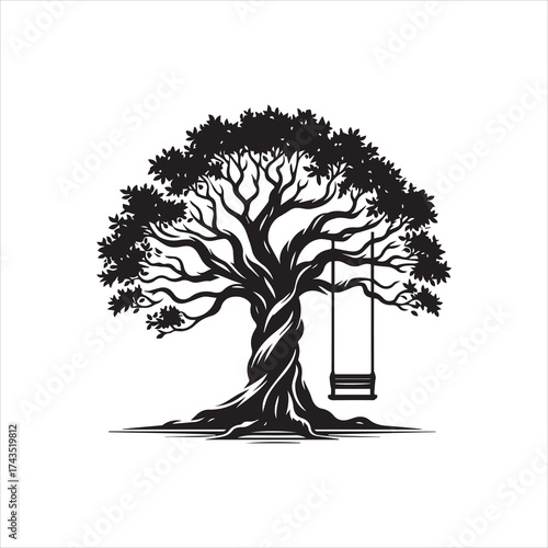 Silhouette of a gnarled tree with a swing hanging from a sturdy branch.