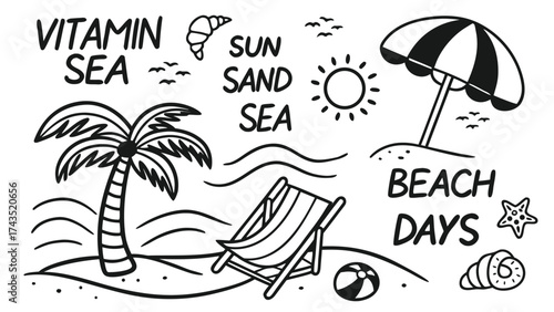 Whimsical hand drawn beach collage featuring tropical elements and ocean life for summer designs