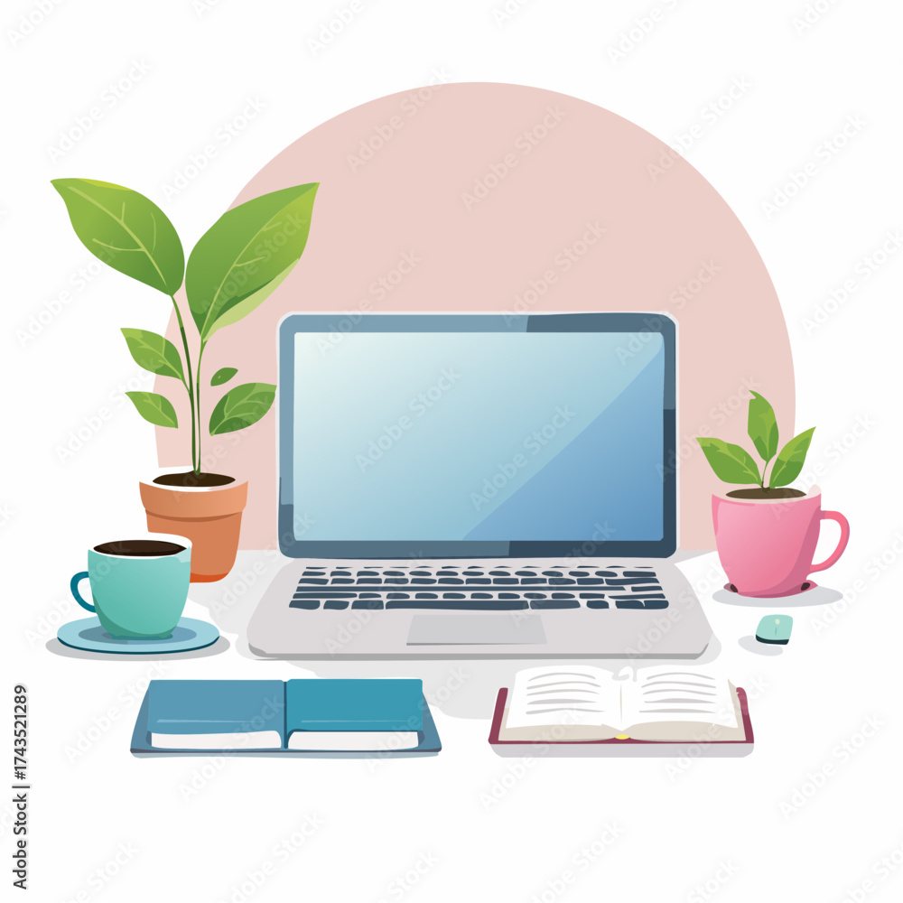 Fototapeta premium Cozy Workspace Illustration with Laptop, Plants, and Open Books