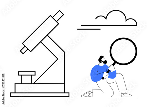 Scientist kneeling with magnifying glass, large microscope, floating cloud above. Ideal for science, research, discovery, exploration, observation innovation curiosity. Simple flat metaphor