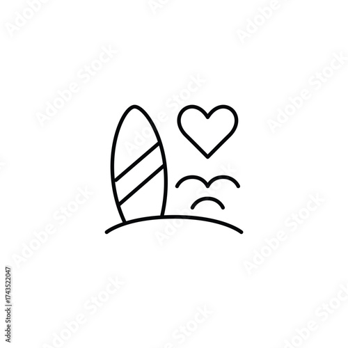 Surf standing on the beach with waves and heart. Travel vacation, tropical getaway. Honeymoon and romance. Pixel perfect, editable stroke vector icon