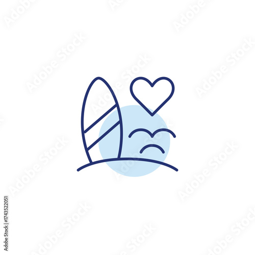 Surf standing on the beach with waves and heart. Travel vacation, tropical getaway. Honeymoon and romance. Pixel perfect, editable stroke vector icon