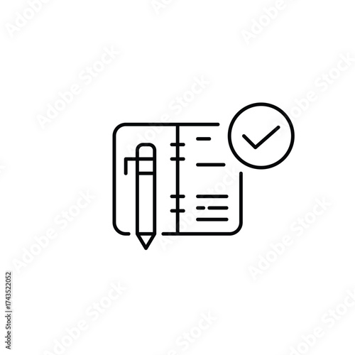 Diary or weekly planner, checkmark and pen. Confirmed notes, organised success. Pixel perfect, editable stroke vector icon