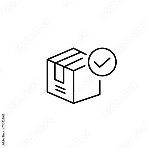 Package box and checkmark. Completed shipment, delivery and return. Pixel perfect, editable stroke vector icon