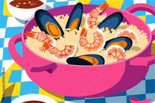 Seafood dish with shrimp and mussels in pink pot