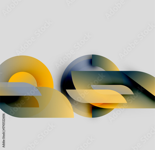 Abstract shapes overlap, creating dynamic composition. Yellows, blues, grays blend softly. Modern design evokes movement, depth.