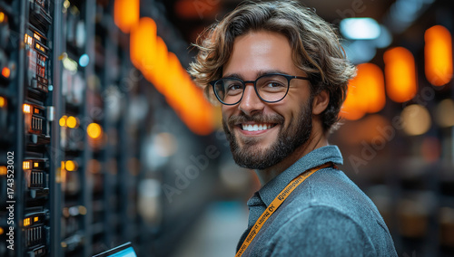 Man smiling in server room with glasses and lanyard standing near server racks and orange lights