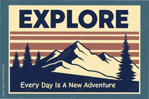 Retro style outdoor adventure graphic banner featuring mountains trees and a vintage compass