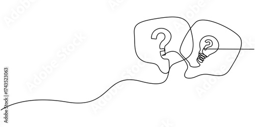 Quick tips, Continuous one line drawing of question mark and speech bubble, Quick tips concept in one line, Hand-drawn vector with light bulb, question mark, and speech bubbles,.