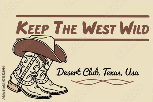 Rustic emblem design featuring a classic cowboy hat with western inspired elements and vintage charm