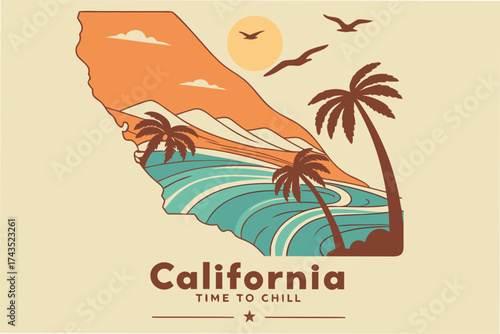Vintage california travel poster illustration featuring iconic landmarks and scenic views for a nostalgic journey