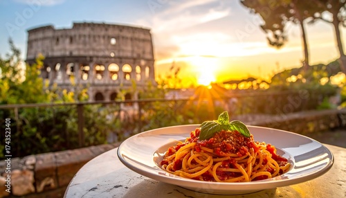 Pasta dish at sunset with Colosseum in background