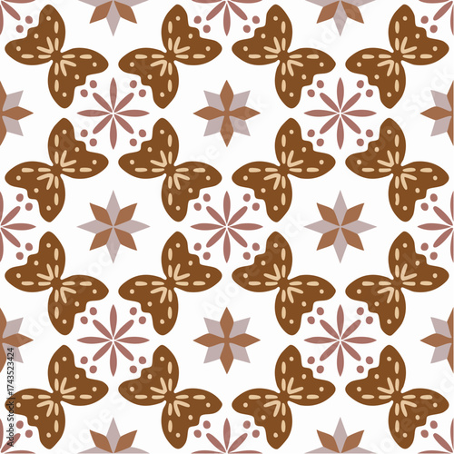 Seamless pattern with butterflies and floral elements on white background.