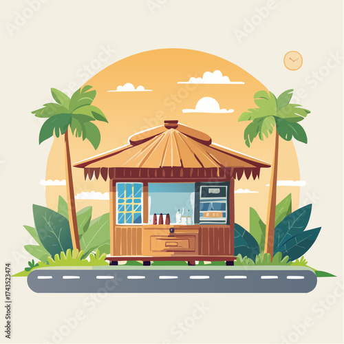 Tropical kiosk with palm trees and a sunset background illustration.