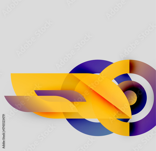 Abstract design features overlapping colorful shapes. Yellow, purple, gradients create dynamic visual effect. Modern, minimalist composition.