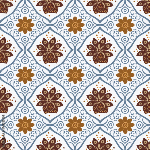 Floral pattern with brown and blue elements on a white background.